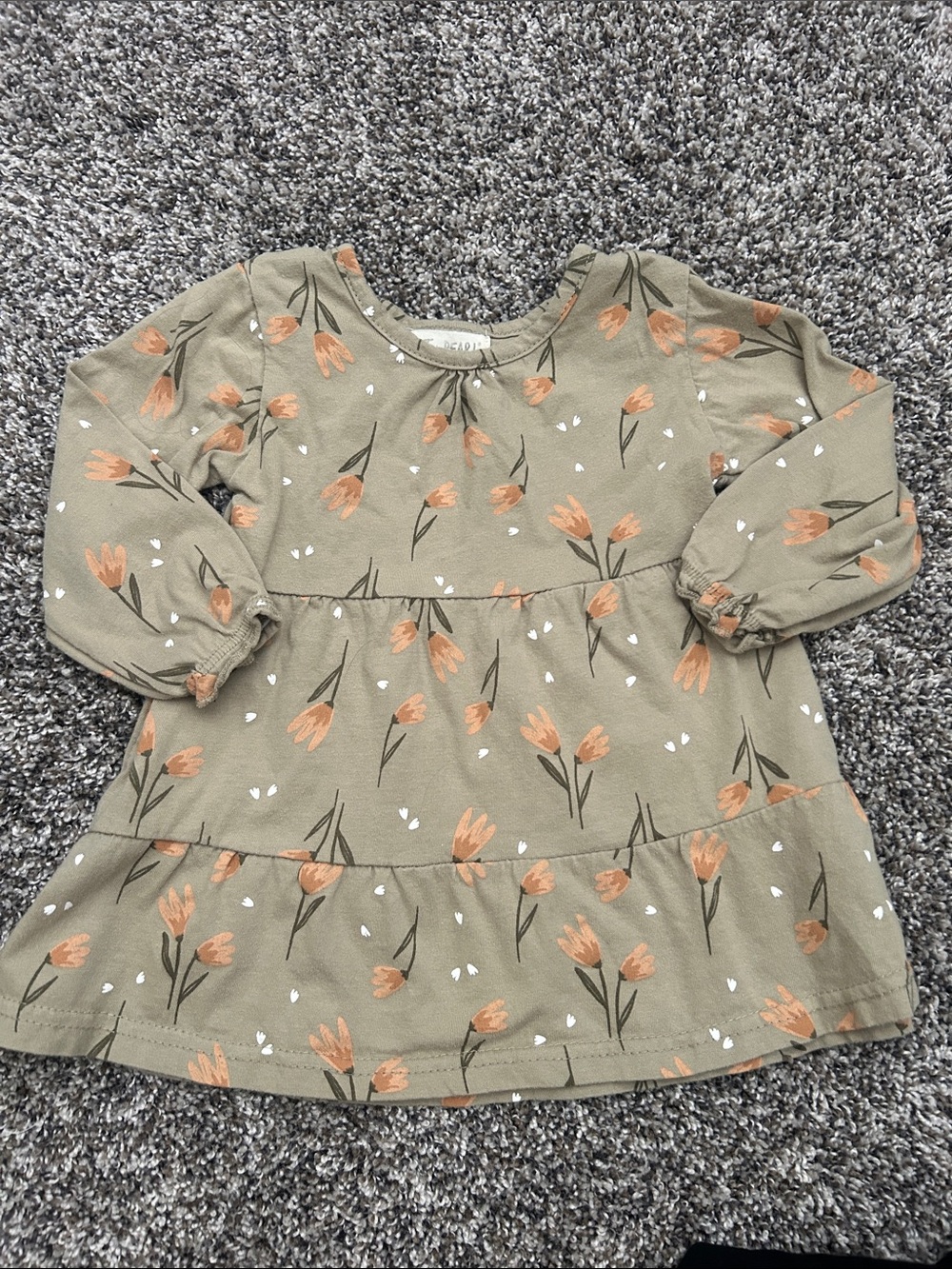 Girls Olive Floral Tiered Long-Sleeve Dress
